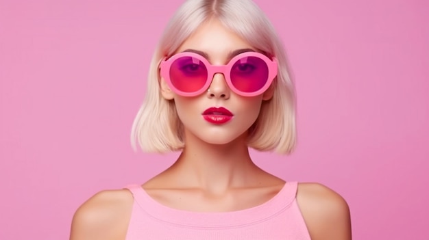 키스하는 얼굴을 한 글래머 화려한 여성 파티를 위한 세련된 헤어스타일 세련된 여성이 입는 분홍색 여름 드레스 패셔너블한 의상을 입은 젊은 장난기 많은 모델 Generative AI