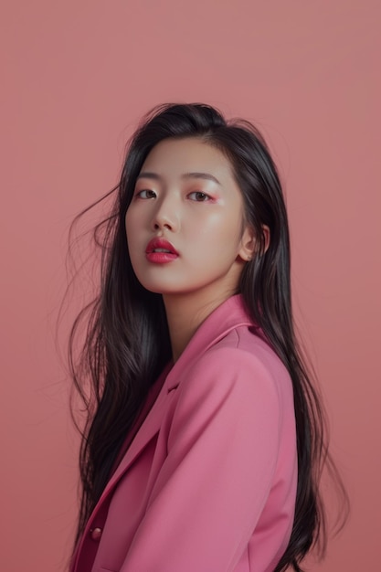 Glamour Korean Woman With Long Black Hair In Pink Shirt Generative AI