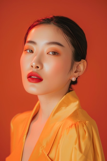 Гламурная корейская женщина в желтой рубашке и красной помаде