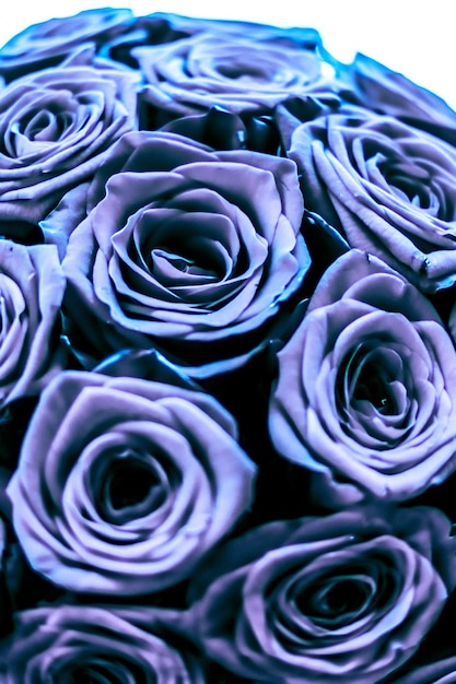 꽃 휴가 배경으로 꽃이 만발한 파란 장미 꽃의 매력적인 고급 부케