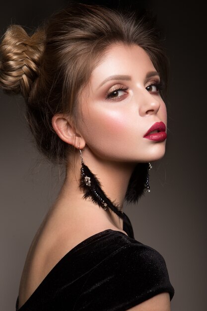 Glamour portrait of beautiful woman model with red lips