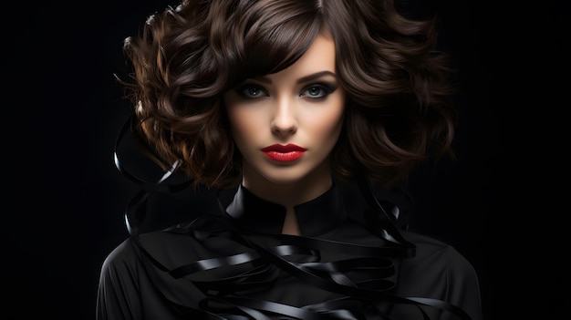 Glamour portrait of beautiful young woman with curly hairstyle and red lips