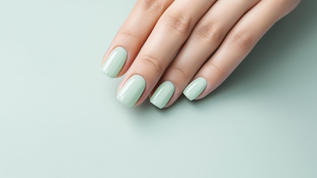 Foto glamour vrouw hand met muntengroene nagellak op vingernagels groene nagelmanicure met gellak