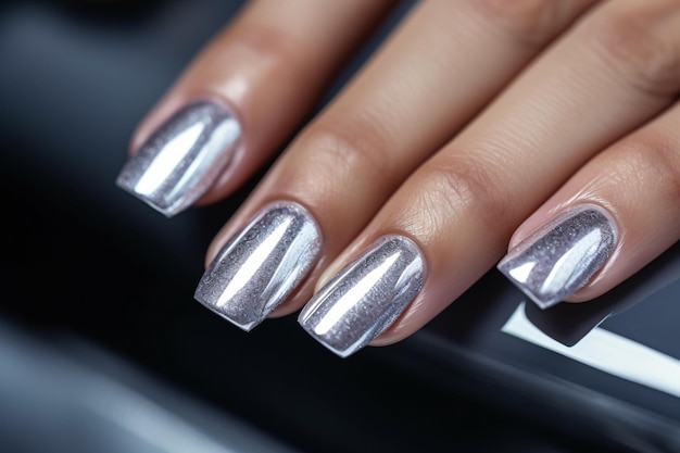 Foto glamour vrouw hand met zilveren nagellak op haar nagels metalen nagellak met gel