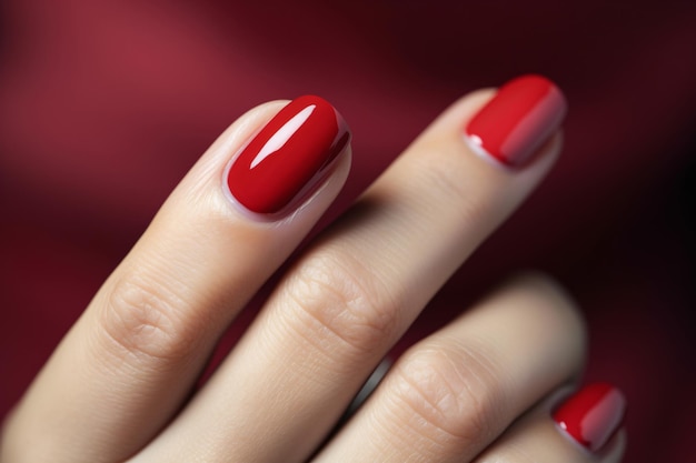 グラマーな女性の手は指の爪にクラシックな赤いネイルポークを塗っていますジェルポークで赤いネールマニキュア