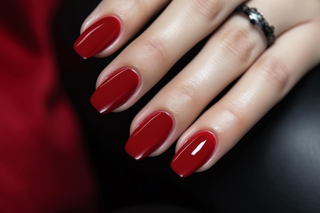 Glamour woman hand with classic red nail polish on her fingernails Red nail manicure with gel polish