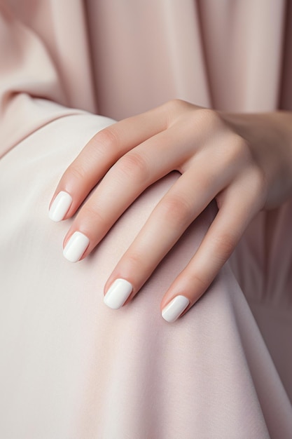 Glamour woman hand with nude shades nail polish on her fingernails White nail manicure with gel