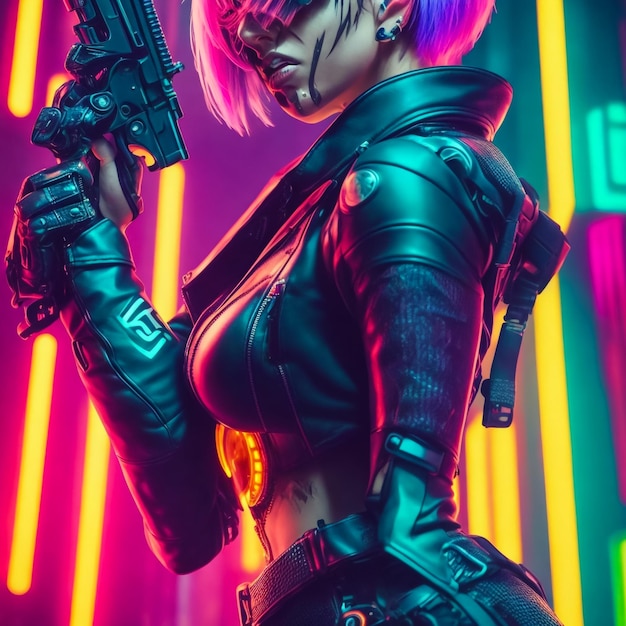 Glamoureus cyberpunk meisje met zwaard en mes op een paarse achtergrond.