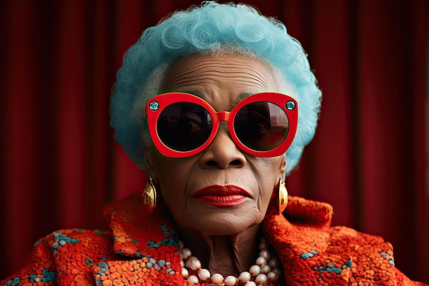 Glamoureus portret van een Afro-Amerikaanse oudere vrouw met blauw haar met een rode brilclose-up