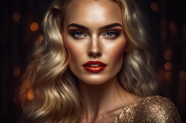 Glamoureuze vrouw met lang blond haar en rode lippen in een sprankelende gouden jurk op een chique feest