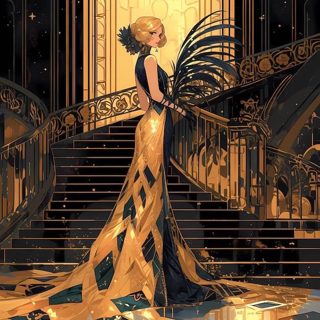 황금 계단 에 있는 화려 한 아트 데코 드레스