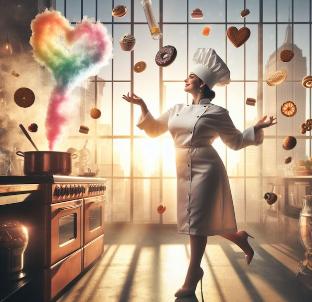 Foto chef affascinante in cucina steampunk con luce naturale che cucina posando illustrazione di danza