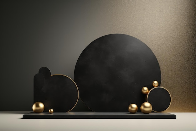 魅力的なショーケース、目を引く製品ディスのための球体のモックアップを備えたエレガントな黒と金色の表彰台
