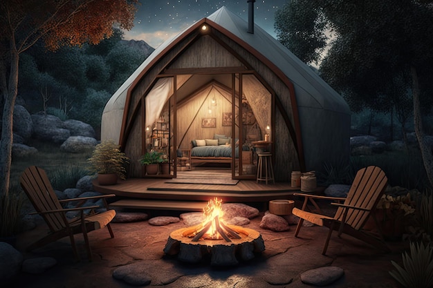 Glamping cabin with outdoor fire pit and cozy seating