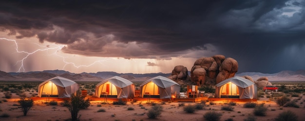 Glamping houses in magic desert nature with perfect colorful sunset light panorama Generative Ai