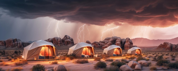 Glamping houses in magic desert nature with perfect colorful sunset light panorama Generative Ai