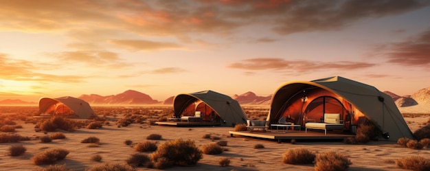 Glamping huizen in de magische woestijn natuur met perfecte kleurrijke zonsondergang licht panorama Generative Ai