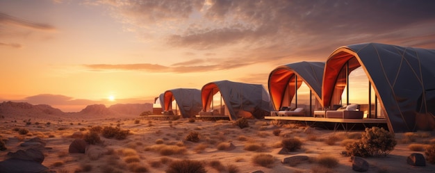 Glamping huizen in de magische woestijn natuur met perfecte kleurrijke zonsondergang licht panorama Generative Ai