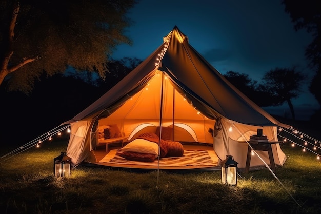 Glamping 's nachts nachtverlichting luxe glamoureuze camping AI gegenereerd