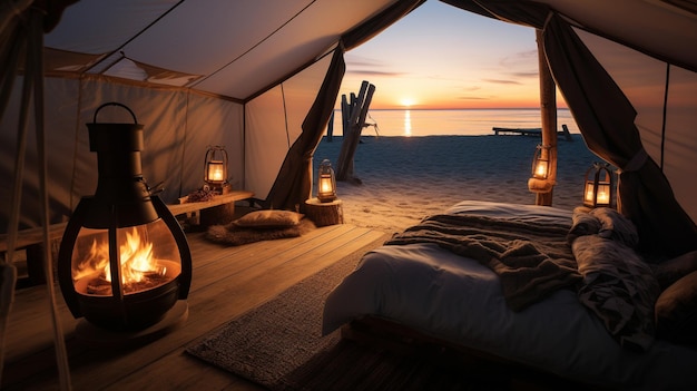 A glamping tent on the beach at sunrise or sunset with a beautiful view and a camp fire burning