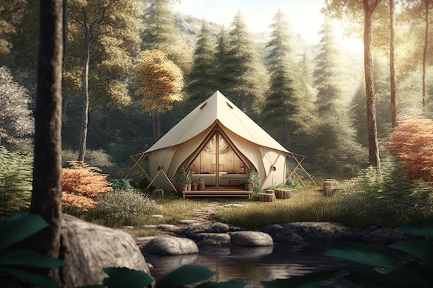 Glamping tent in the bright forest eco vacation in nature