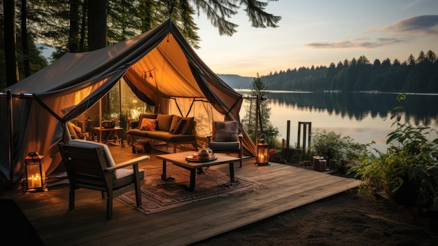 Glamping or unity with nature on vacation advertising for a country hotel by the lake