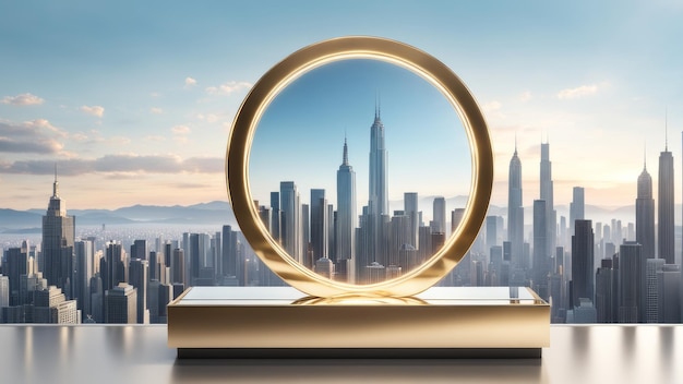 Glamurious Mirror Podium met sprankelende skyline van de stad achtergrond