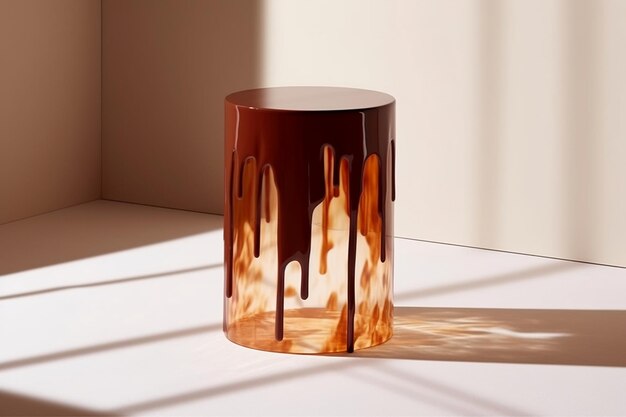Glanzend bruin acryl podiumtafel smeltend ontwerp in door zonlicht gegenereerde Ai