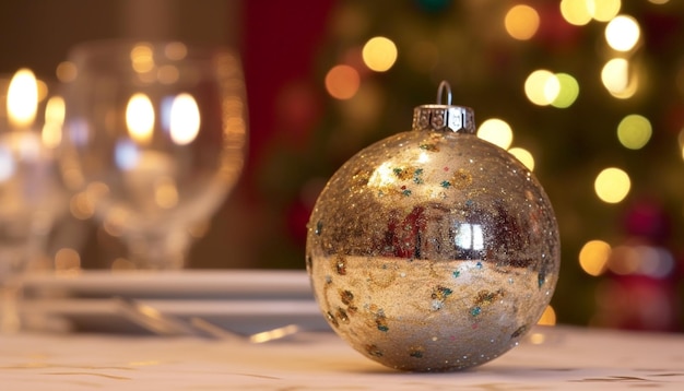 Glanzend kerstornament verlicht de tafel in een elegant interieur gegenereerd door AI