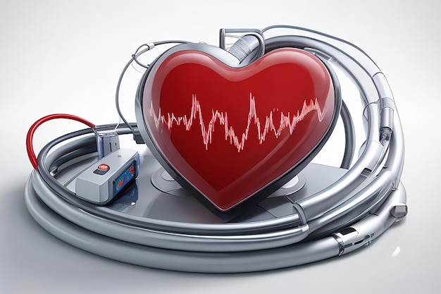 Glanzend rood hart met witte hartslagpuls op blauwe en witte moleculenachtergrond voor medisch concept