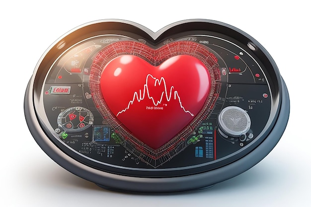 Glanzend rood hart met witte hartslagpuls op blauwe en witte moleculenachtergrond voor medisch concept