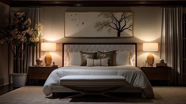 glanzende antieke lamp verlicht moderne elegante slaapkamer