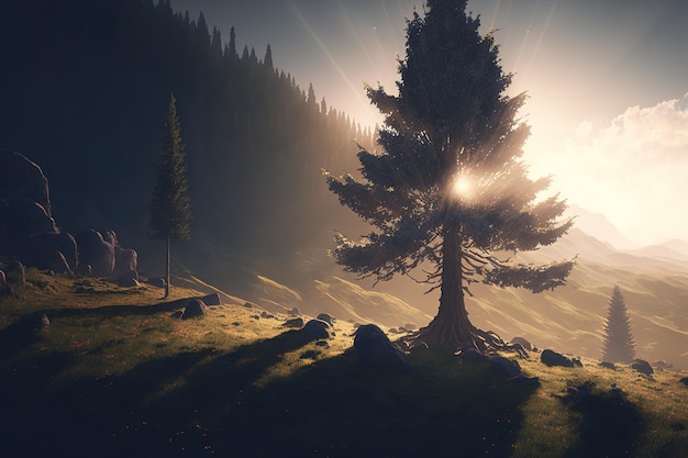 Glanzende boom op een heuvel met zonnestralen in een mistige alpine vallei