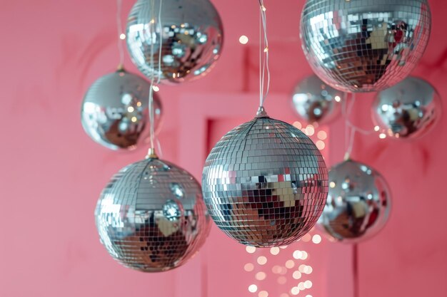 Foto glanzende discoballen die op een roze achtergrond hangen generatieve ai