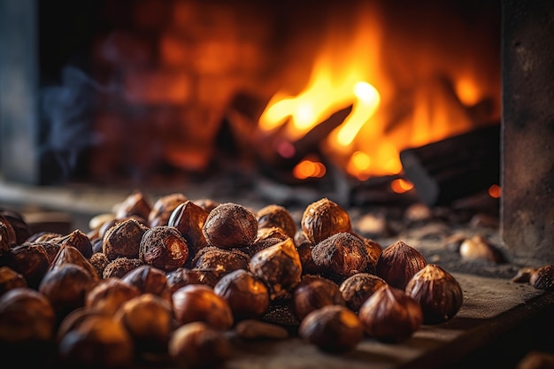 Glanzende geroosterde kastanjes tegen een gezellige open haard Kerstkousen die de feeststemming verbeteren