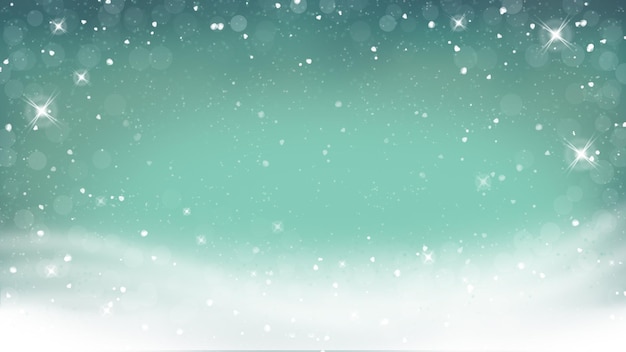 Glanzende glitter Stervormig met een bokeh-verlichting, sneeuw die op een blauwe achtergrond valt. Winterkerstachtergrond, prettige kerstdagen en nieuwjaarsvakantie