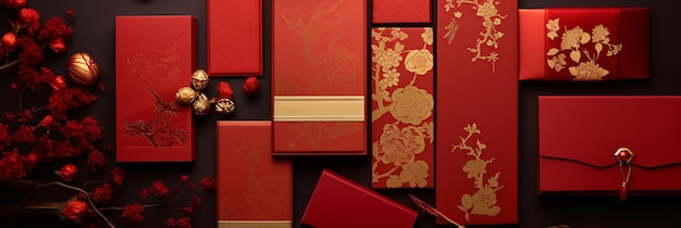 Glanzende gouden patronen op rode enveloppen Een Chinees Nieuwjaar plat lag eerbetoon