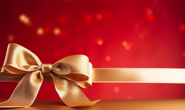 Glanzende gouden strik en lint op kerst rode achtergrond Kerstcadeau aanwezig wenskaart vakantie