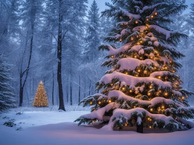 Glanzende kerstboom tegen een blauwe achtergrond in de sneeuw