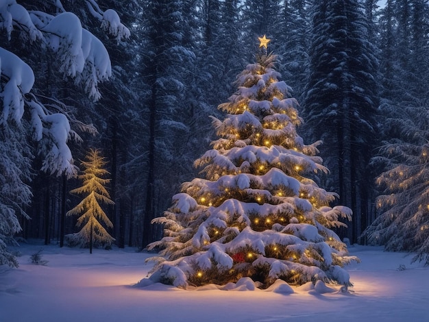 Glanzende kerstboom tegen een blauwe achtergrond in de sneeuw