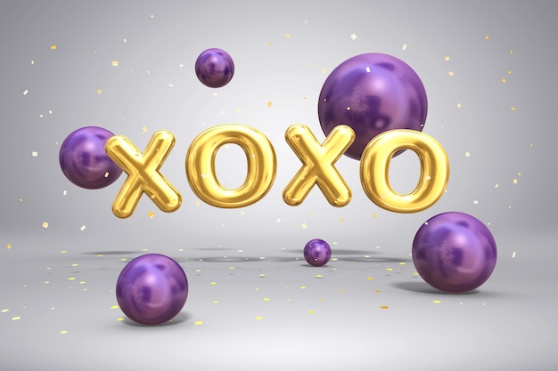 Glanzende metaal gouden brieven XOXO en heldere vliegende ballonsgebieden op feestelijke achtergrond met 3d confettien ,.