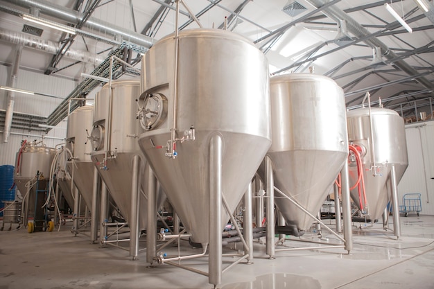 Glanzende microbrouwerij biertanks in bierfabriek