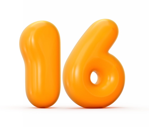 Glanzende oranje gelei nummer 16 of zestien thisolated op witte achtergrond 3d illustratie