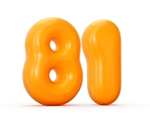 Glanzende oranje gelei nummer 81 of eenentachtig geïsoleerd op witte achtergrond met schaduw 3d illustratie