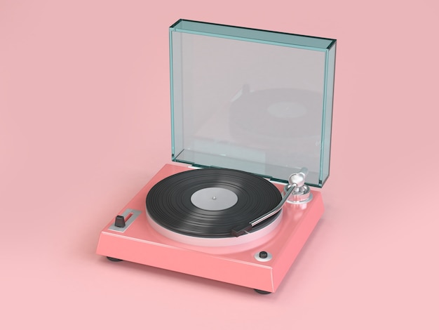 Glanzende roze vinyl speler minimale zachte roze achtergrond 3d-rendering, muziek concept