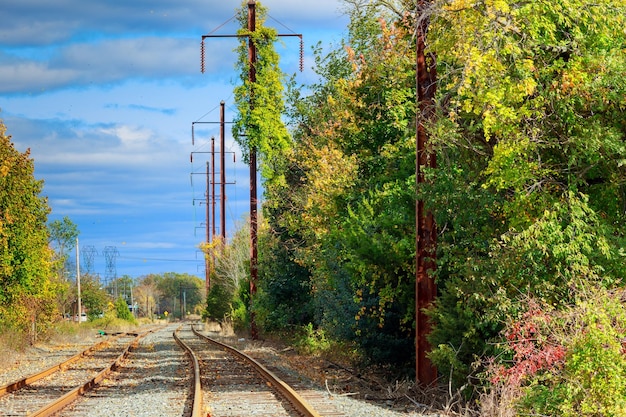 Glanzende stalen spoorrails leiden het oog door bomen met levendige herfstkleuren