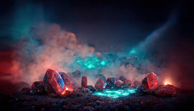 Glare portal surrounded by crystal rocks against mist