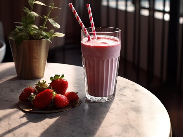 glas aardbeienmelk met vers fruit op een minimale achtergrond