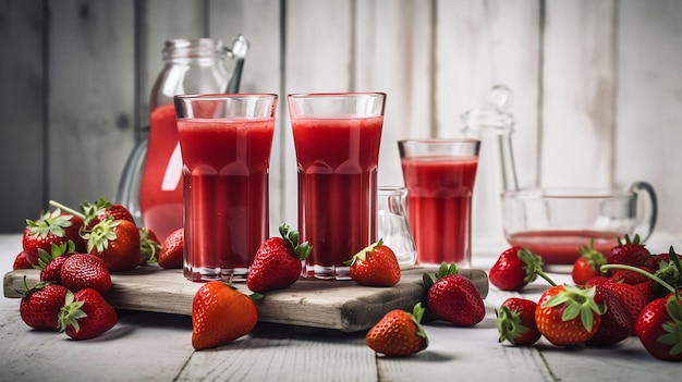 Glas aardbeiensap met wat aardbeien op een rustieke witte houten tafel Witte achtergrond