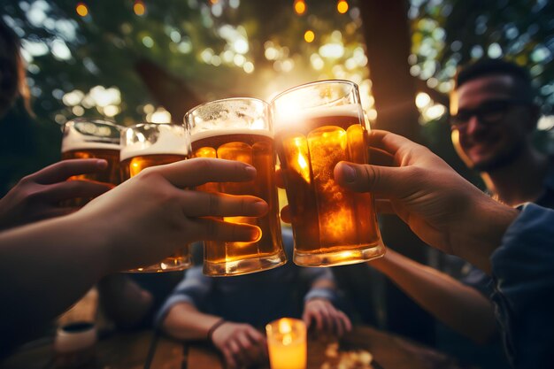 glas bier in de hand groep gelukkige vrienden drinken en toasten bier